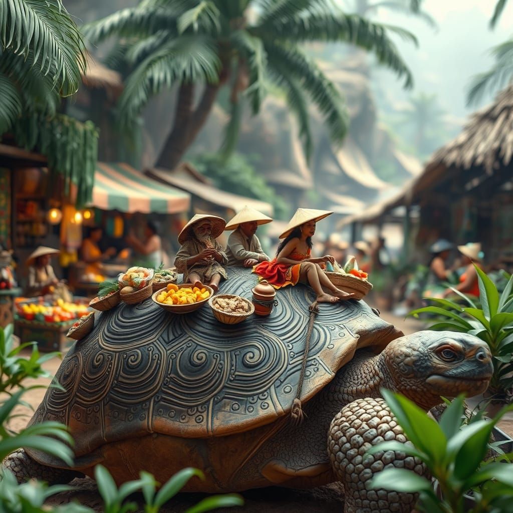 Bustling Marketplace on Giant Tortoise Shell