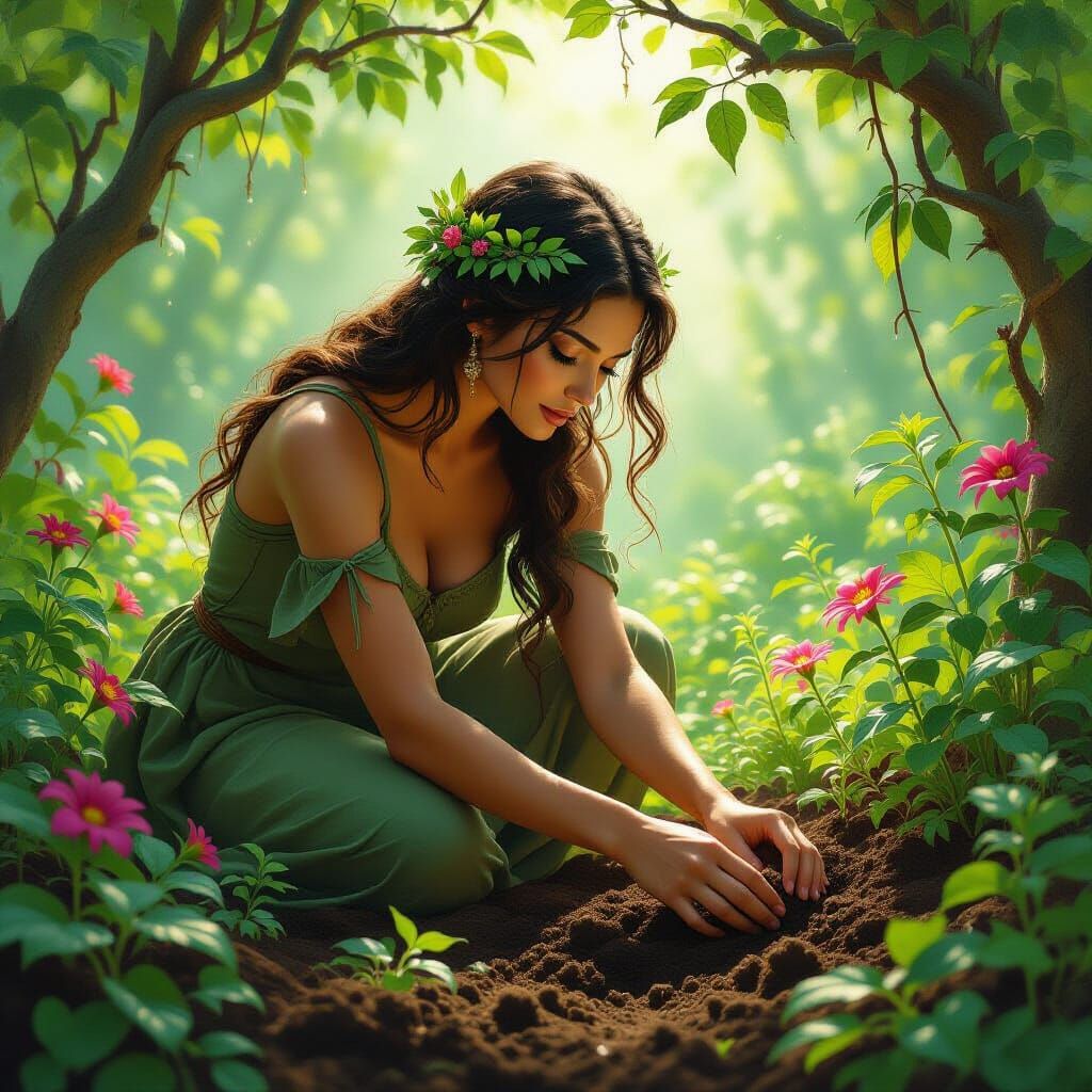 Earthy Mother Goddess Tends Lush Garden