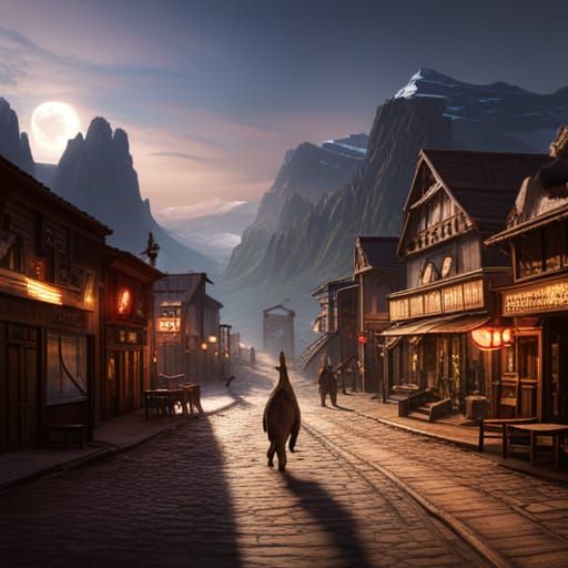 Dinosaur Walks Through Western Town in Matte Painting