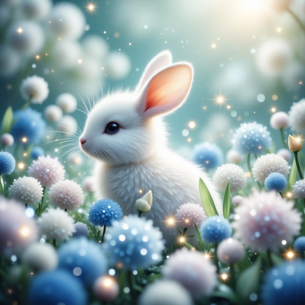 Whimsical White Bunny in a Sparkling Garden