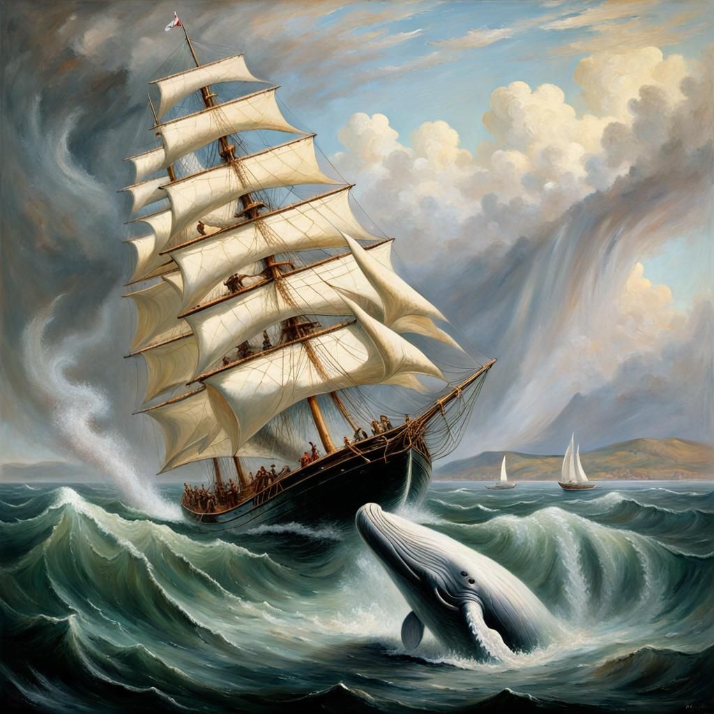 Albino Whale Hunt: Dramatic Oil Painting