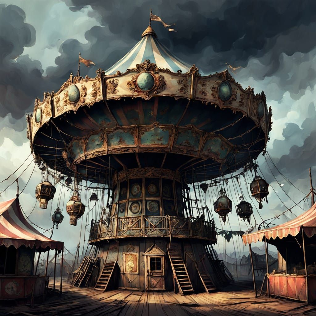Eerie Abandoned Fairground at Dusk, in Gouache Style