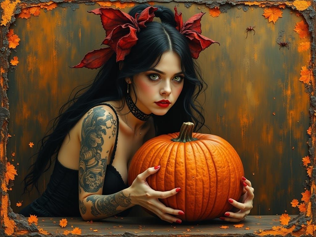 Gothic Pin Up Woman With Tattoos and Halloween Pumpkin