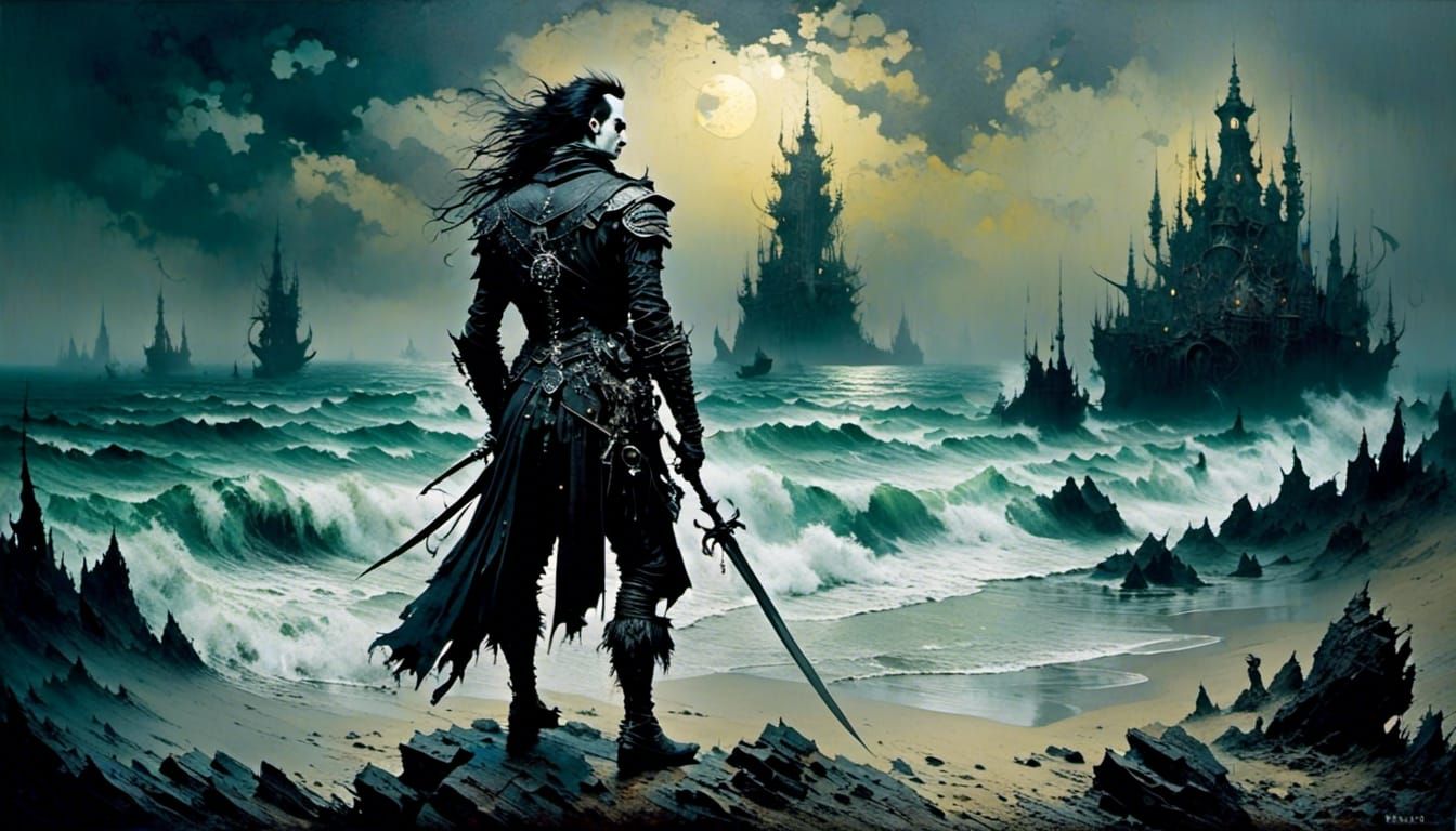 Warrior at Seaside with Gritty Dark Aesthetic