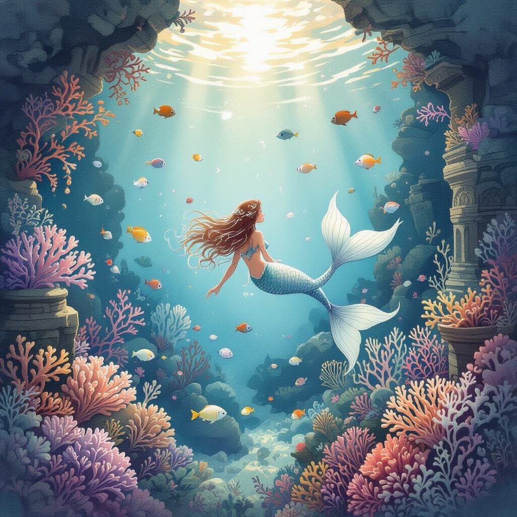 Underwater Mermaid Garden in Watercolor Style