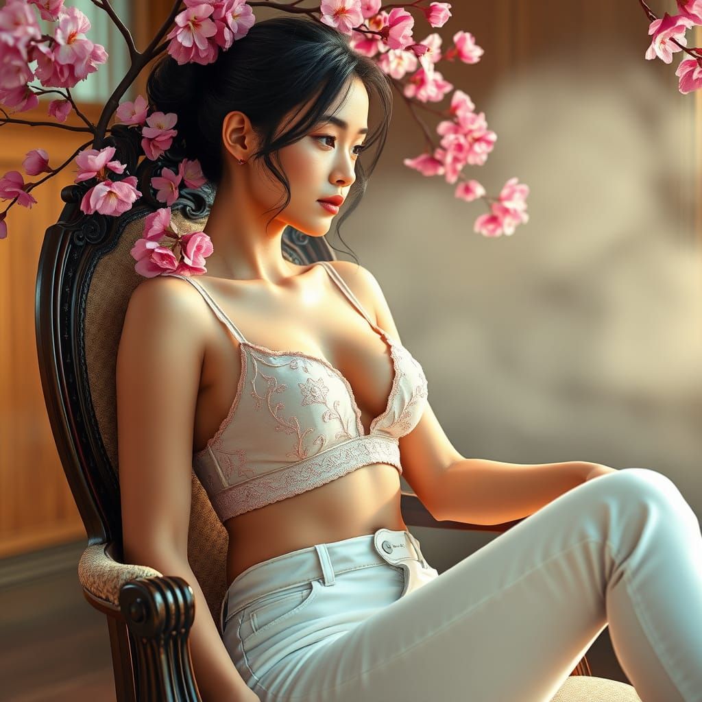 Hyperrealistic Woman in Cherry Blossom Textures Sitting on O...