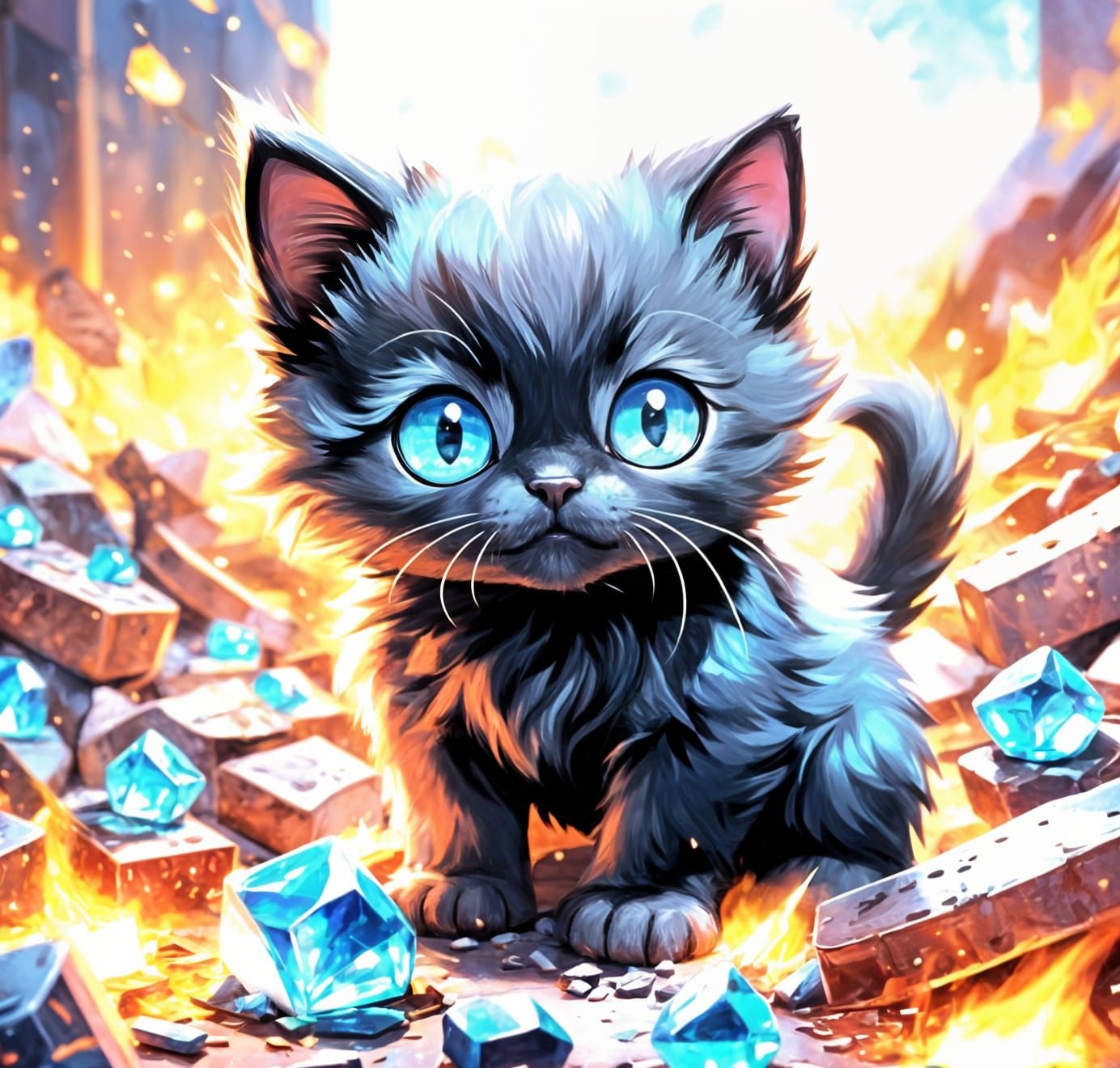 Cute Black Kitten Rummages Through Fiery Dump