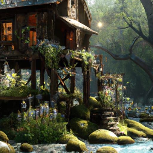 Enchanting Forest House with Moss and Flowers