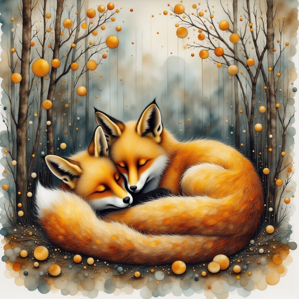 Foxes Sleeping on a Rainy Day in Watercolor