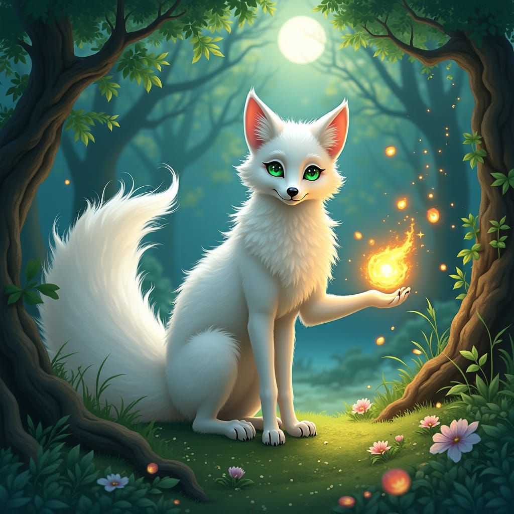 Whimsical White Fox Plays with Glowing Fire Balls in Dreamli...
