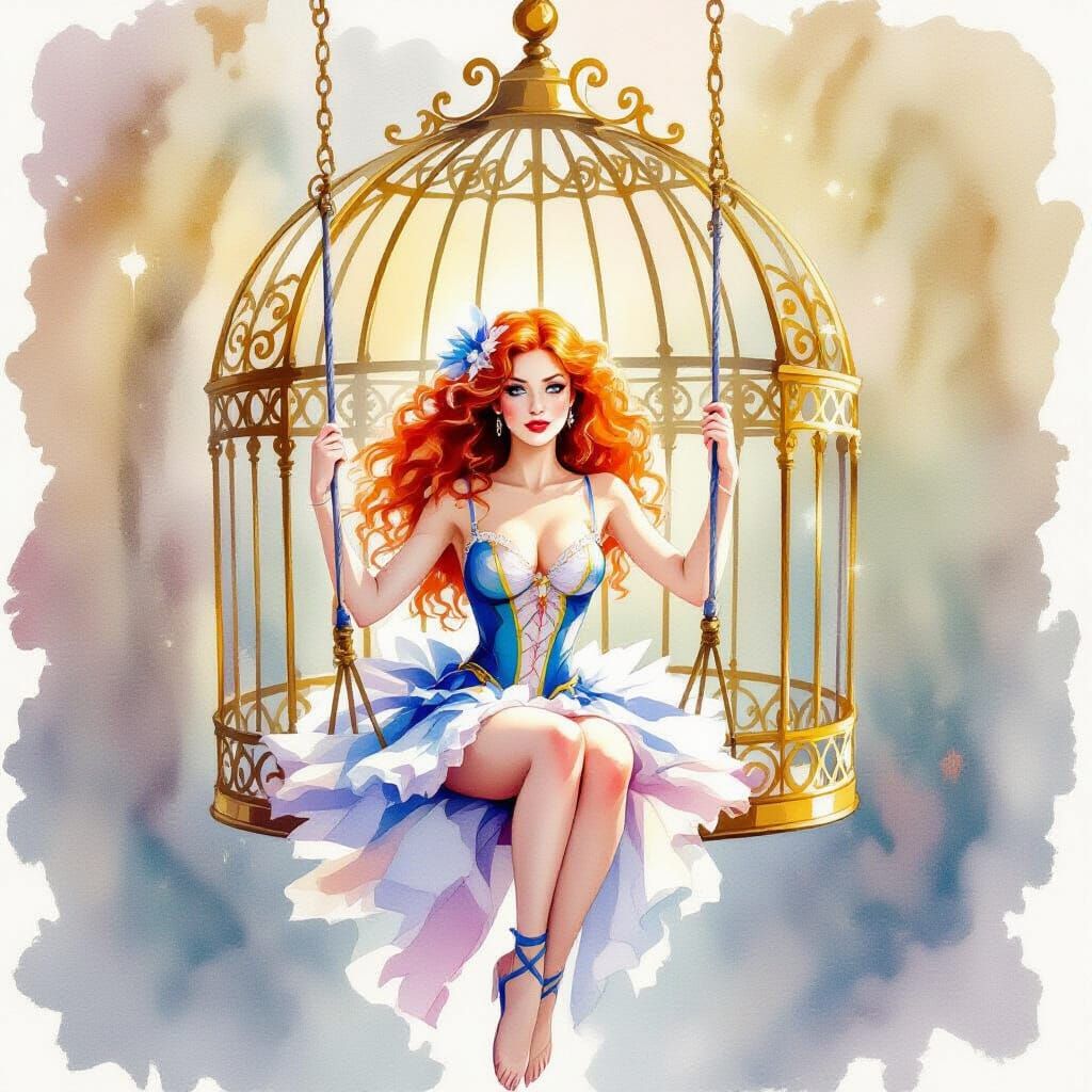 Red-Haired Trapeze Artist in Ornate Golden Cage Painting