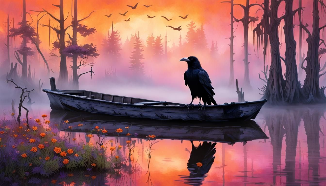 Majestic Raven Haunts a Swampy River at Sunset