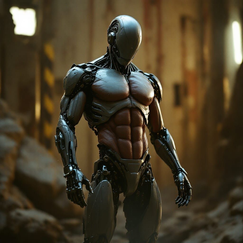 Half-Human, Half-Robot Hybrid in Cinematic Grayscale