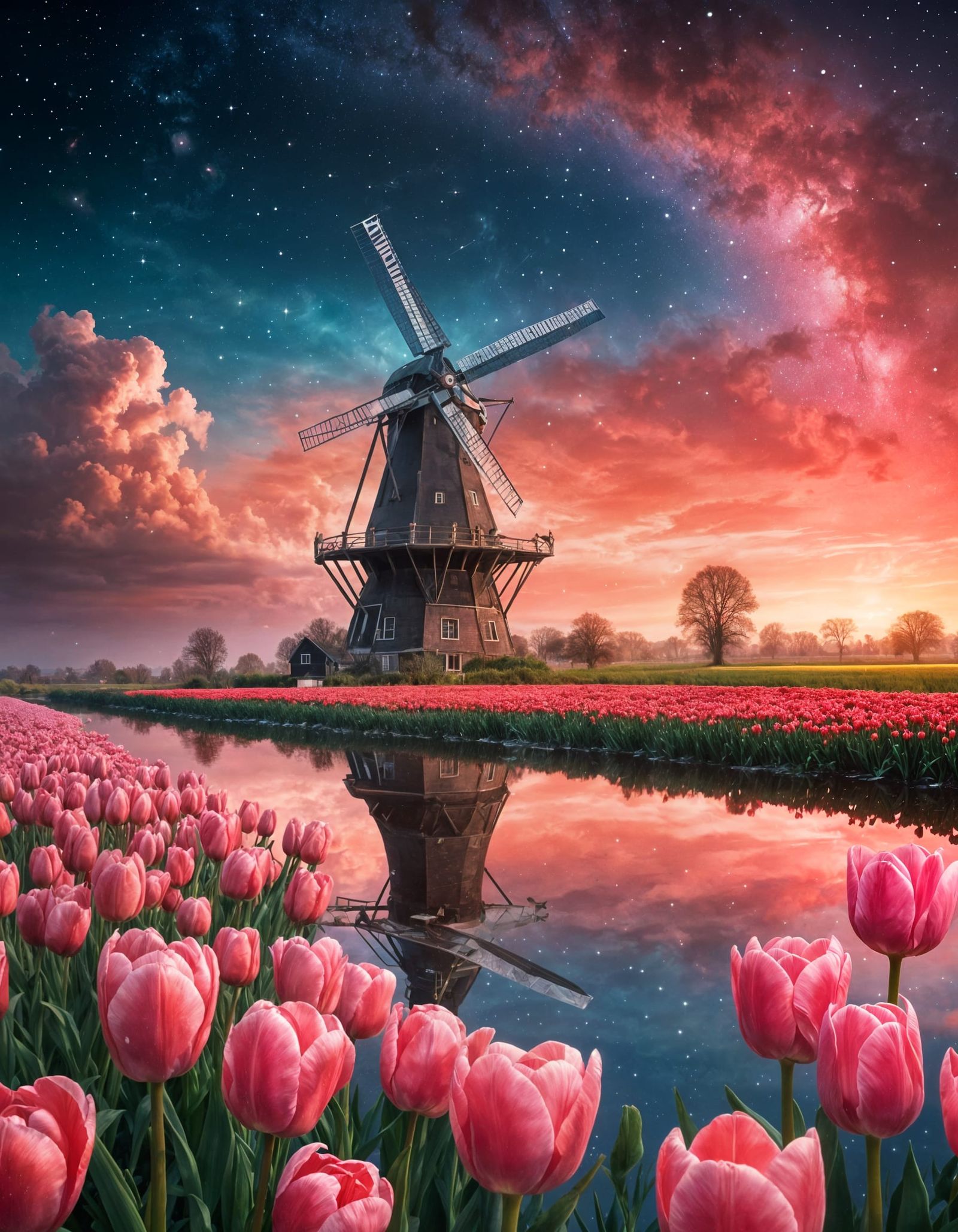 Surreal Windmill Under Starry Sky as Oil Painting