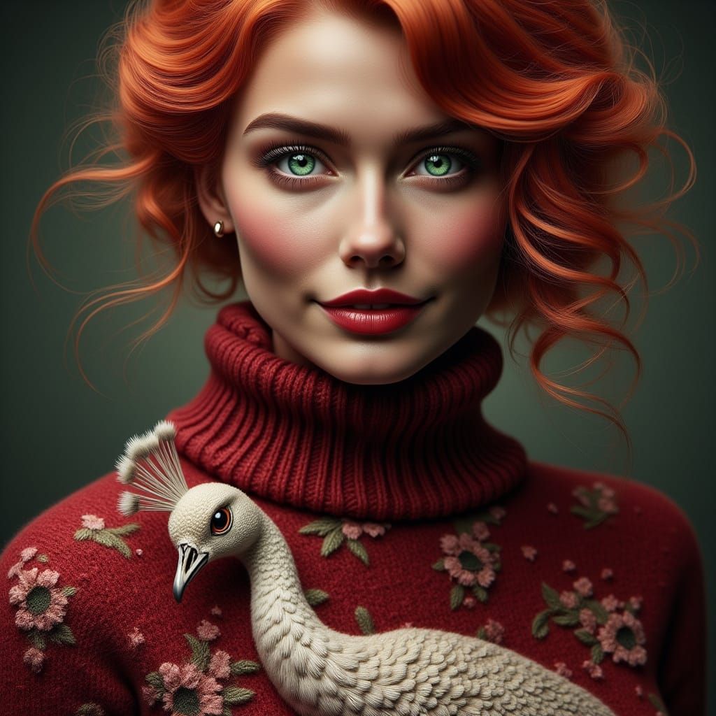 Hyperrealistic Woman with Emerald Eyes and Peacock Jumper