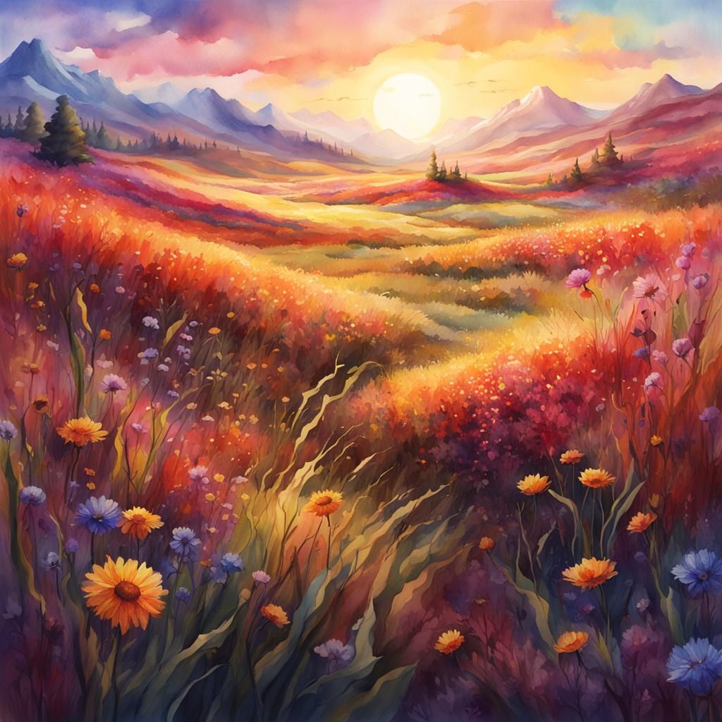 Vivid Watercolor Field Landscape at Dawn