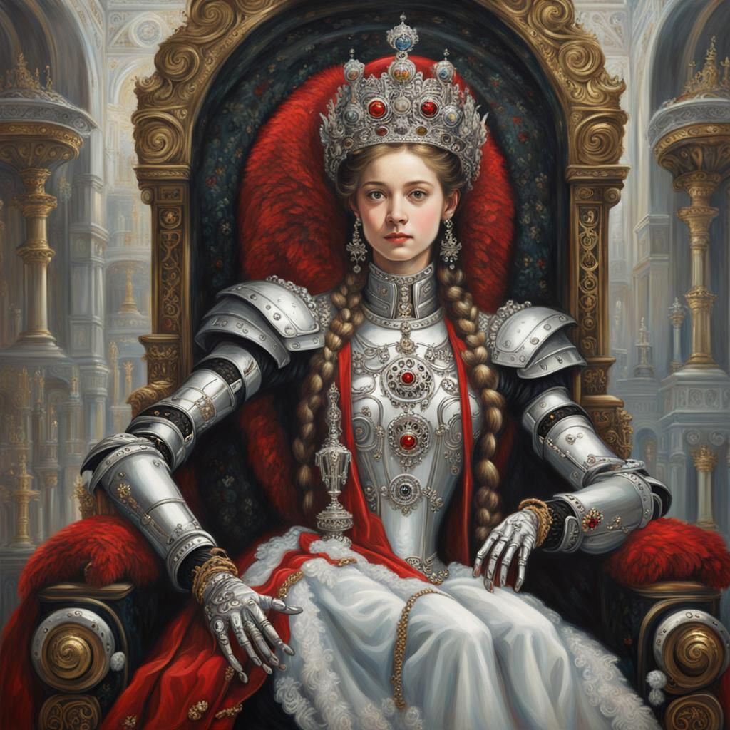 Robot Queen on Throne: Classical Oil Painting