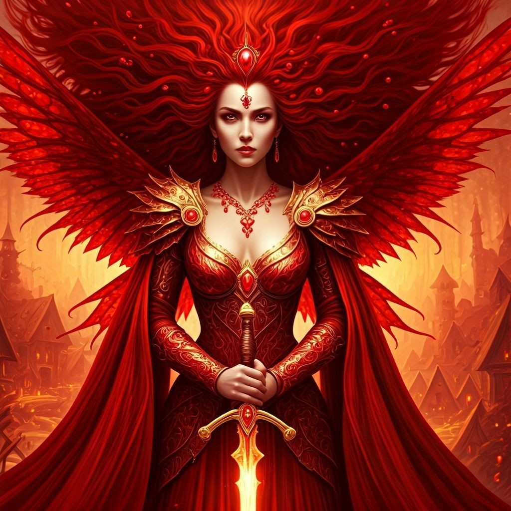 Fiery Ruby Woman Warrior in Red Forest