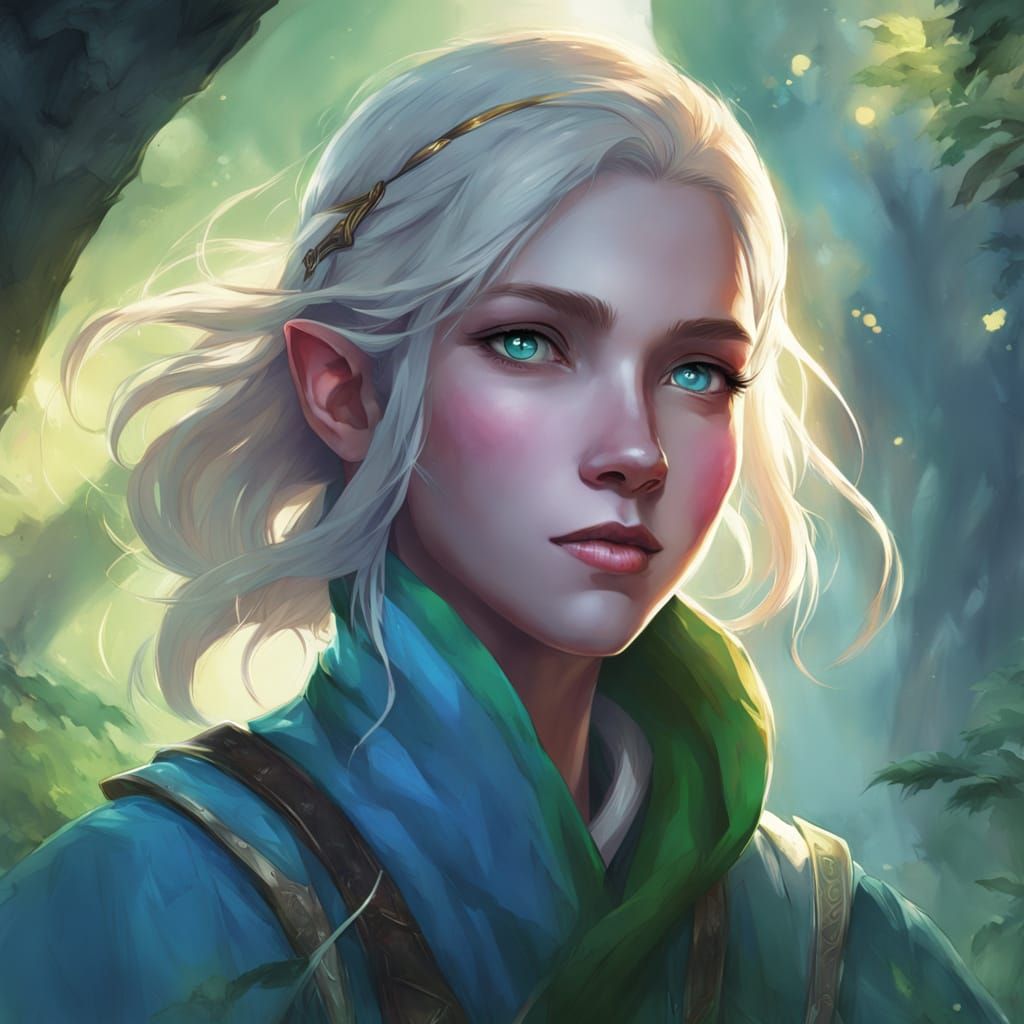 Half-Elf Warrior Portrait in Enchanted Forest