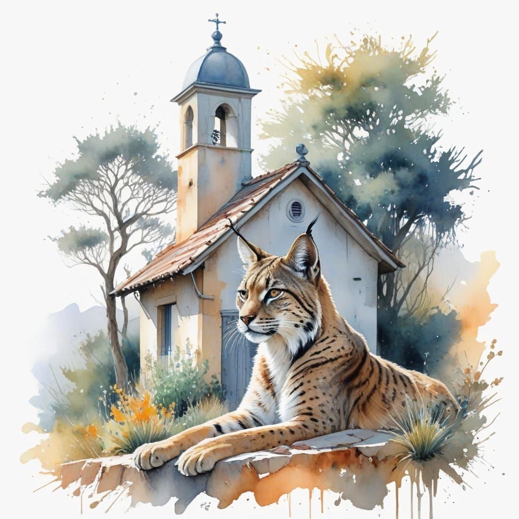 Mediterranean Chapel with Iberian Lynx at Sunset