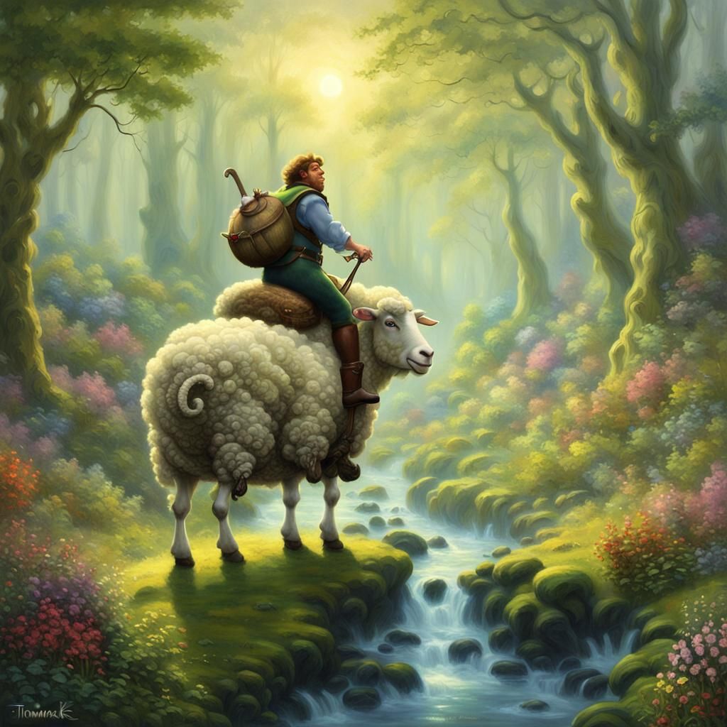 Shrek Rides a Sheep in Ethereal Forest