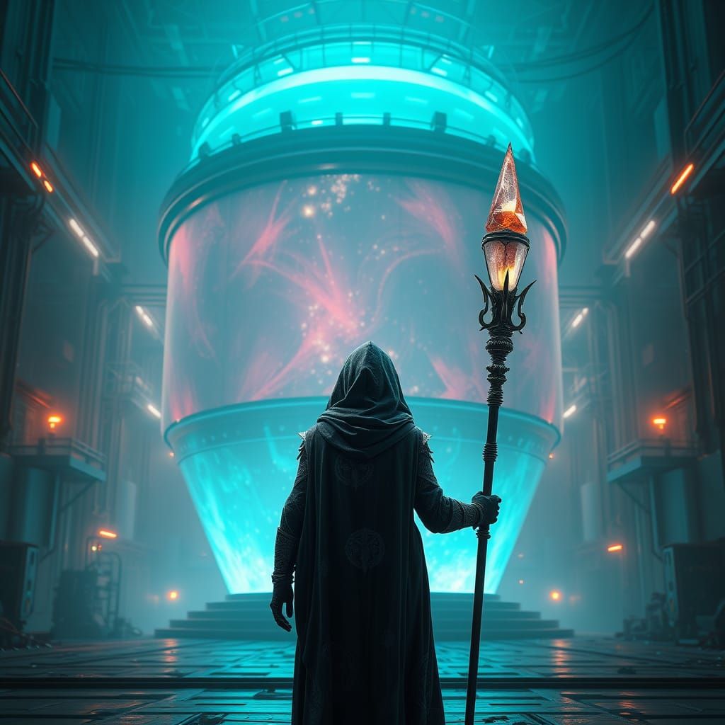 Cloaked Figure in Alien Factory, Matte Painting