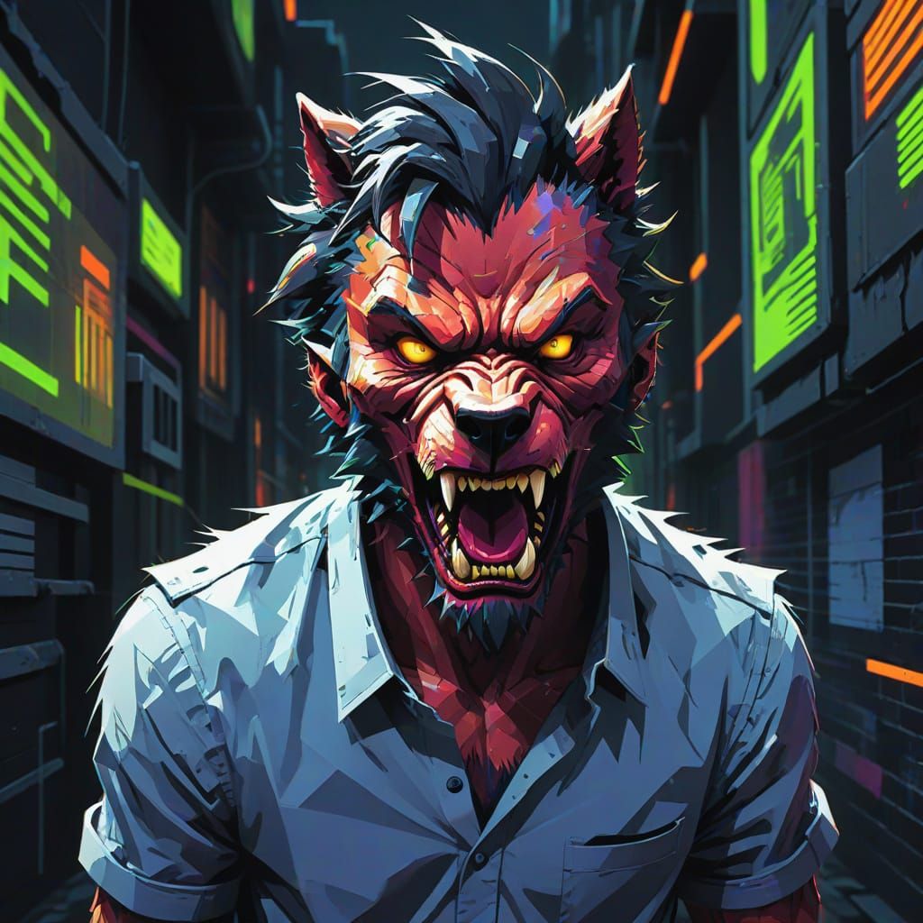 Glitch Art Werewolf Roar in Neon Cyberpunk Style