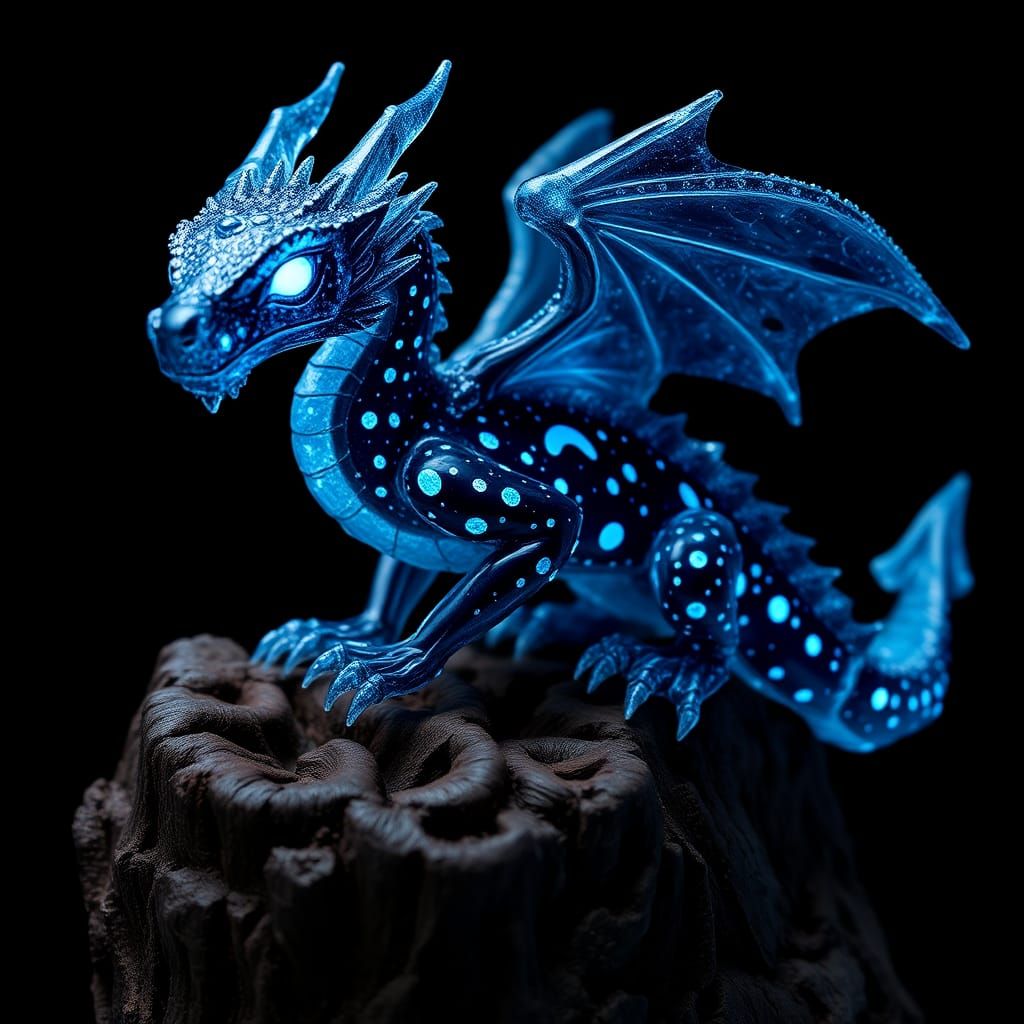 Bioluminescent Crystal Dragon Sculpture on Gnarled Tree