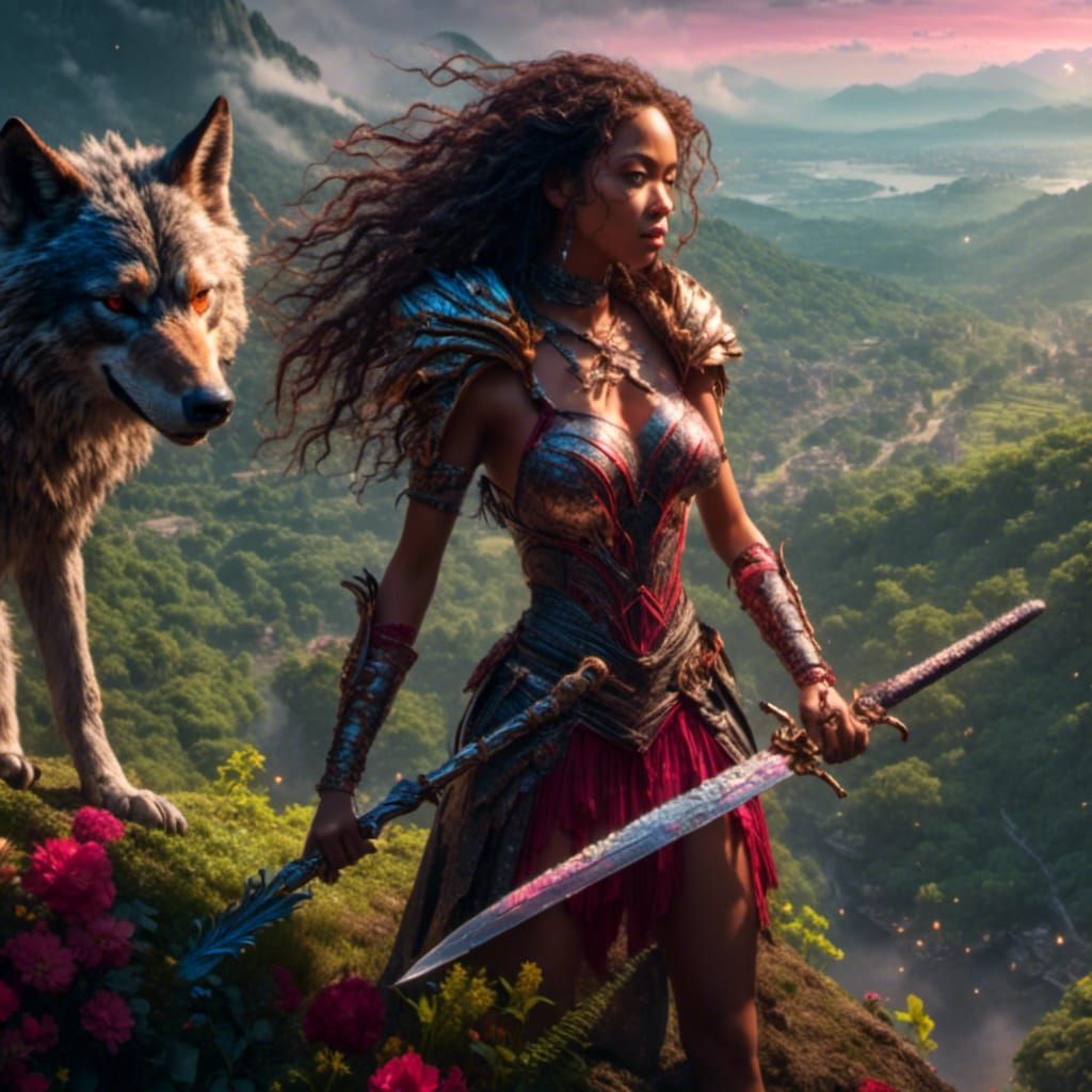 Amazonian Woman Beheads Werewolf in Fantasy Art