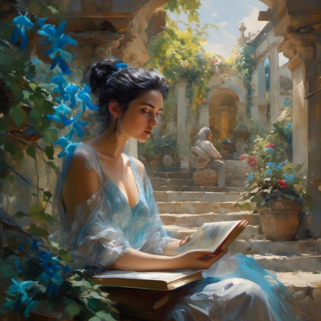 Woman Reading Under Blue Jade Vine, Hyperreal Painting