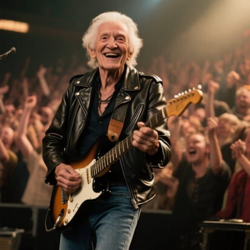 Elderly Rock Star Plays Guitar with Enthusiasm