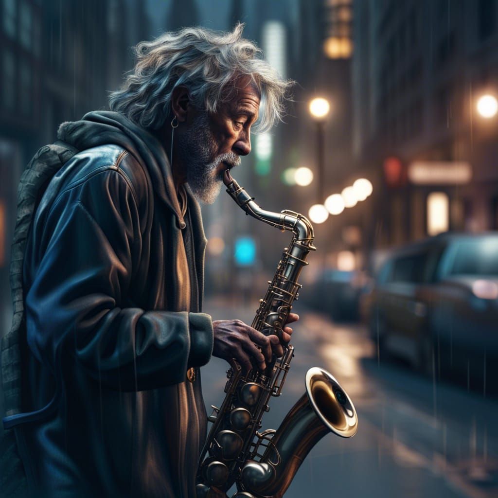 Homeless Man Plays Saxophone in Cyberpunk City