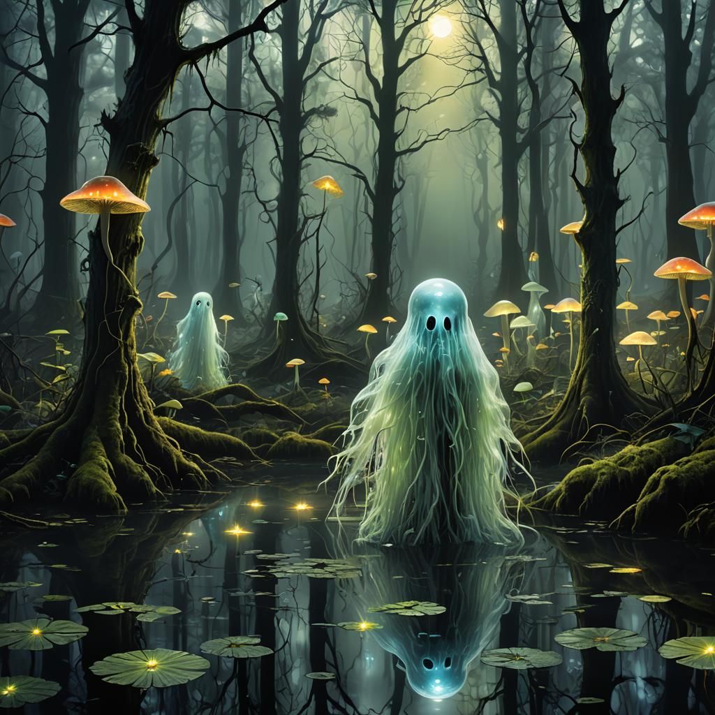 Ethereal Swamp Ghost in Bioluminescent Fantasy