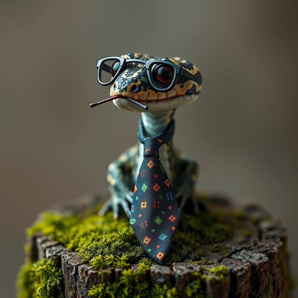 Adorable Furry Serpent in Glasses on Mossy Stump