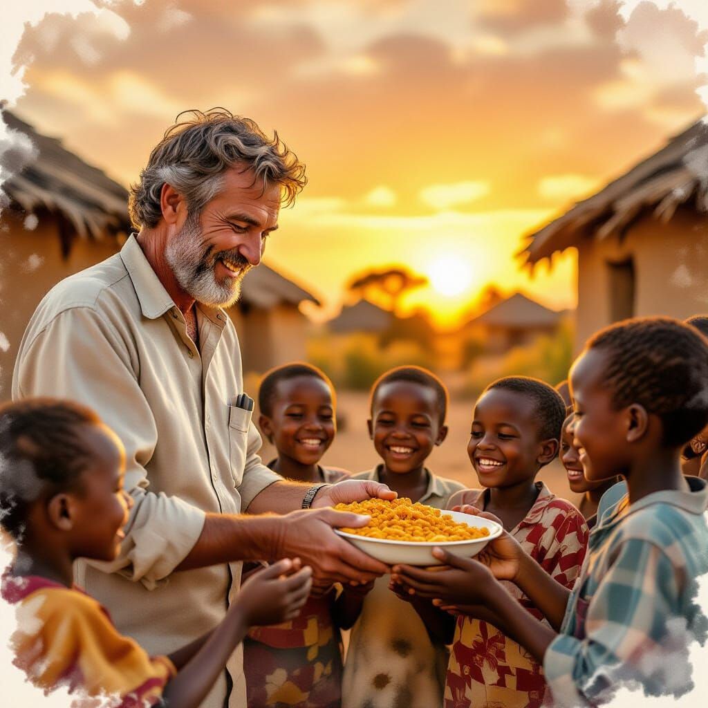 Man Shares Food With Grateful Children at Sunset in Watercol...