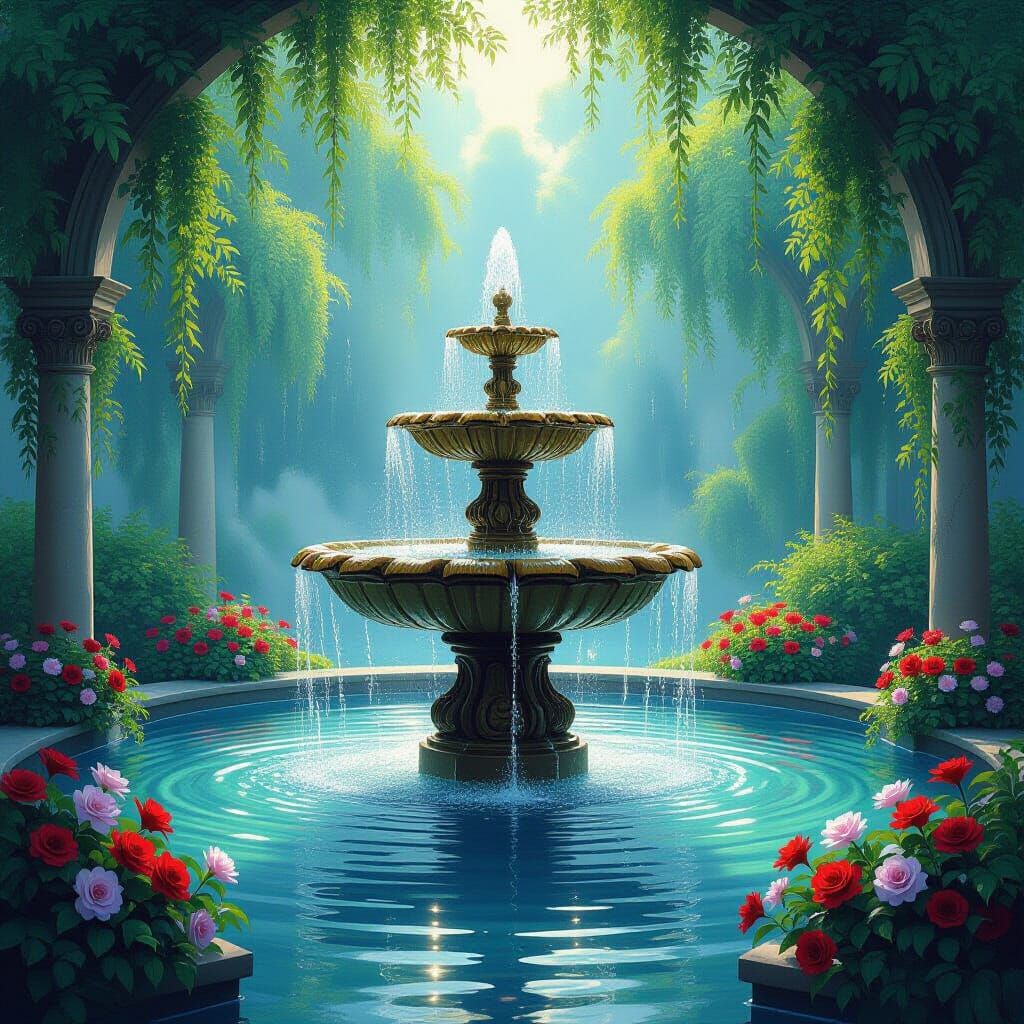 Romantic Fountain of Youth Surrounded by Nature