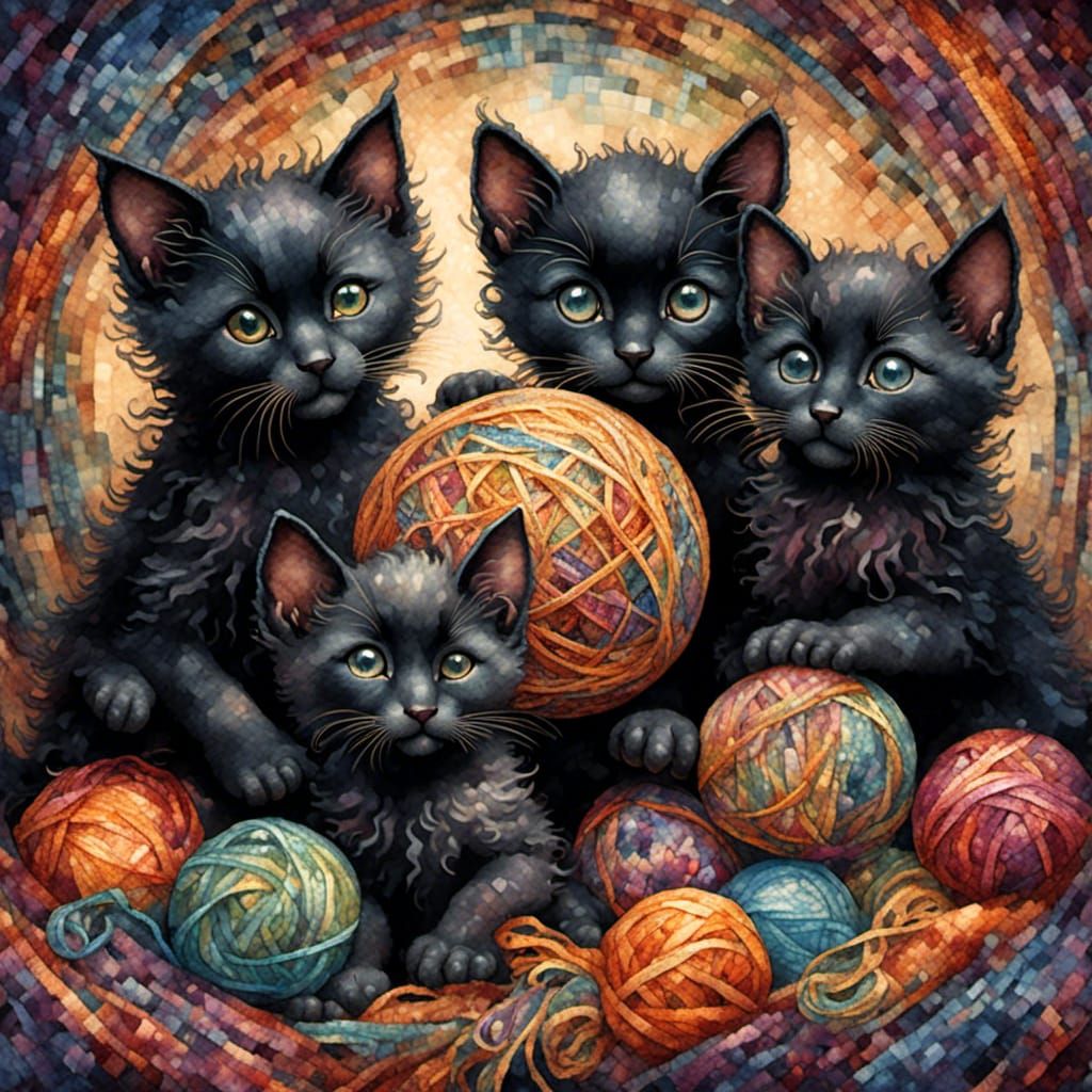Black Kittens Play with Glowing Yarn