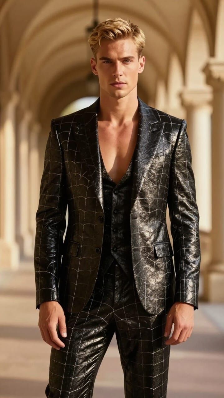 Handsome Man in Spiderweb Suit in Golden Hour Corridor