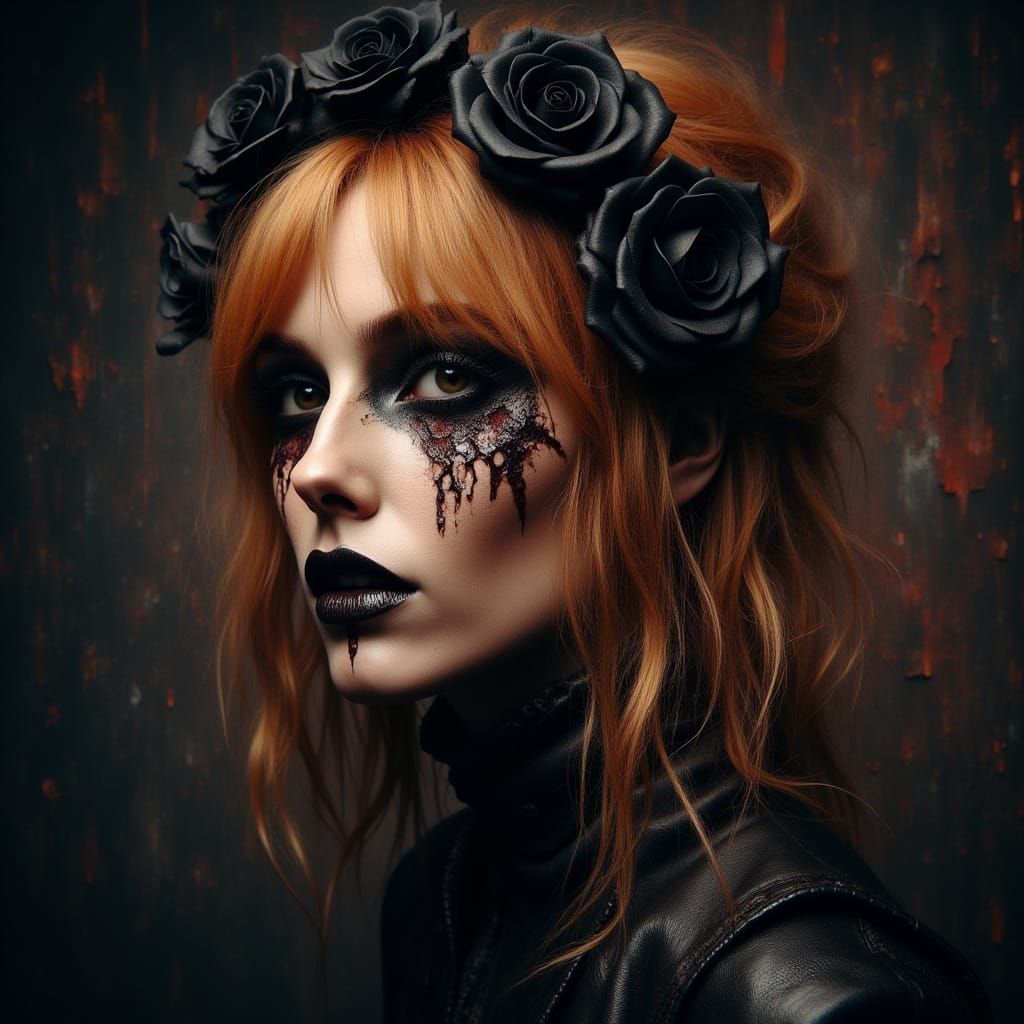 Golden-Haired Woman with Black Roses in Hyperrealistic Style