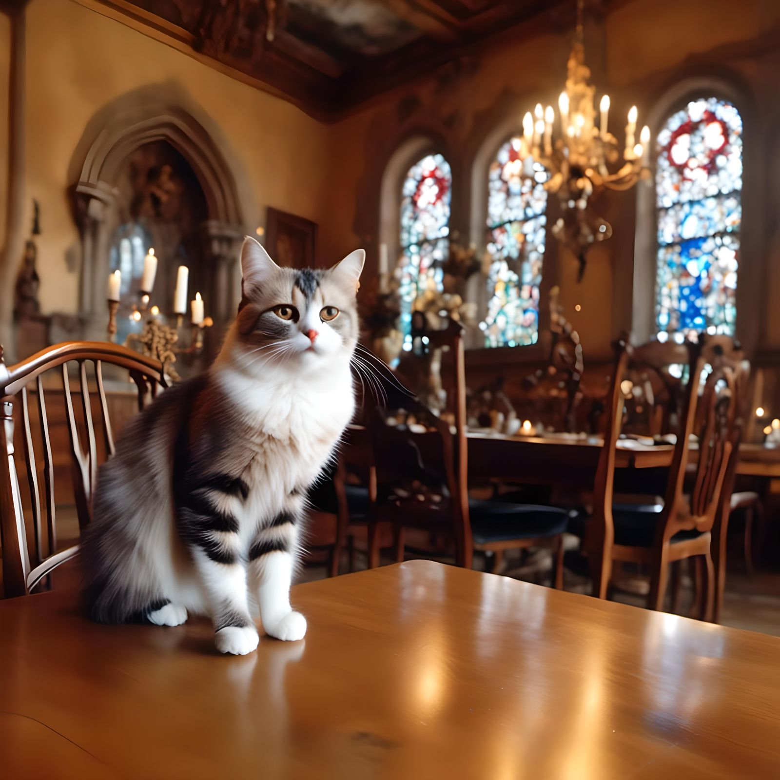 Smiling Cat at Dinner Table with Stained Glass