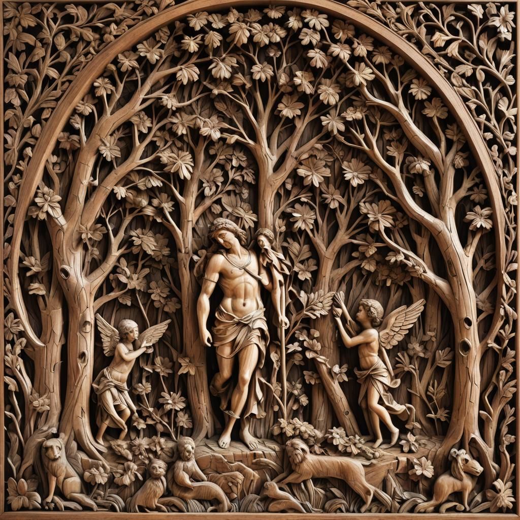 Wood Relief Carving of Paradise with Angels