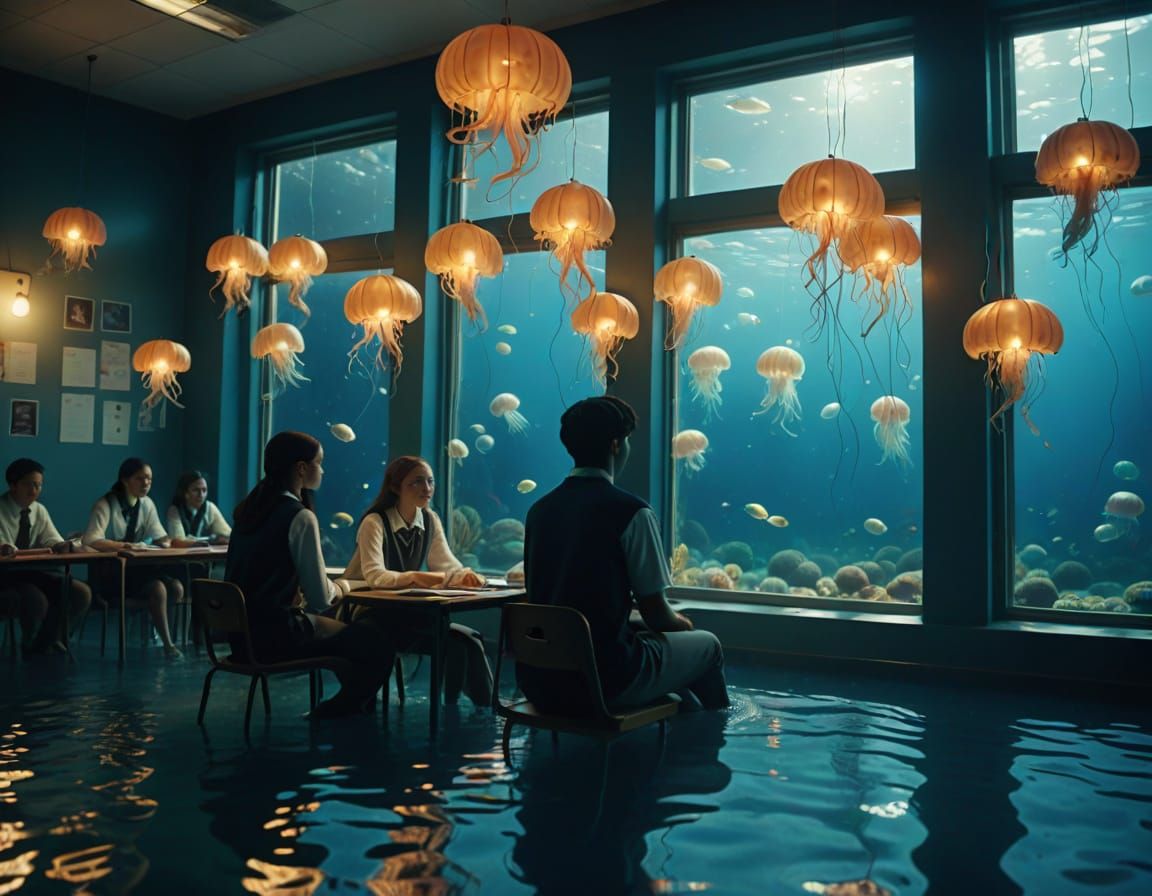 Underwater High School Classroom in Hyperrealistic Style