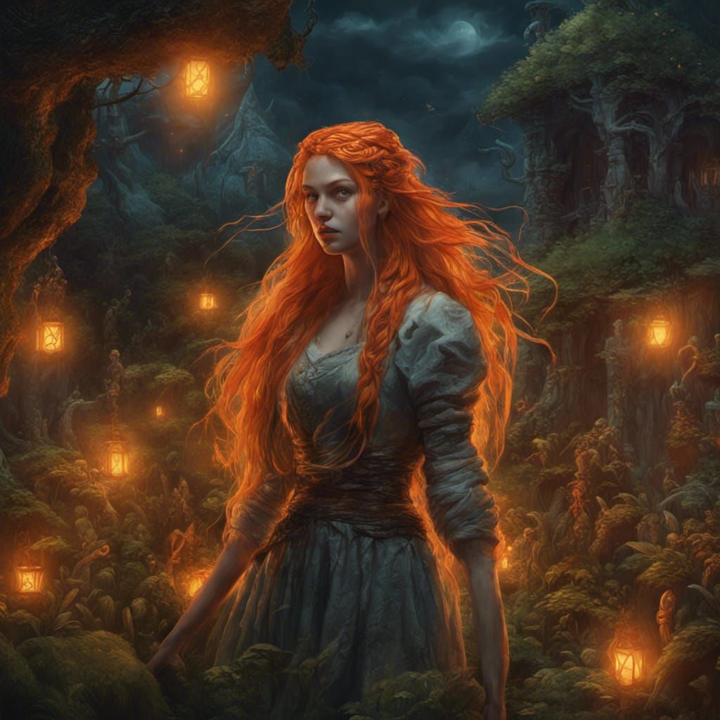 Fantasy Woman with Monsters in Garden, Dark Concept Art
