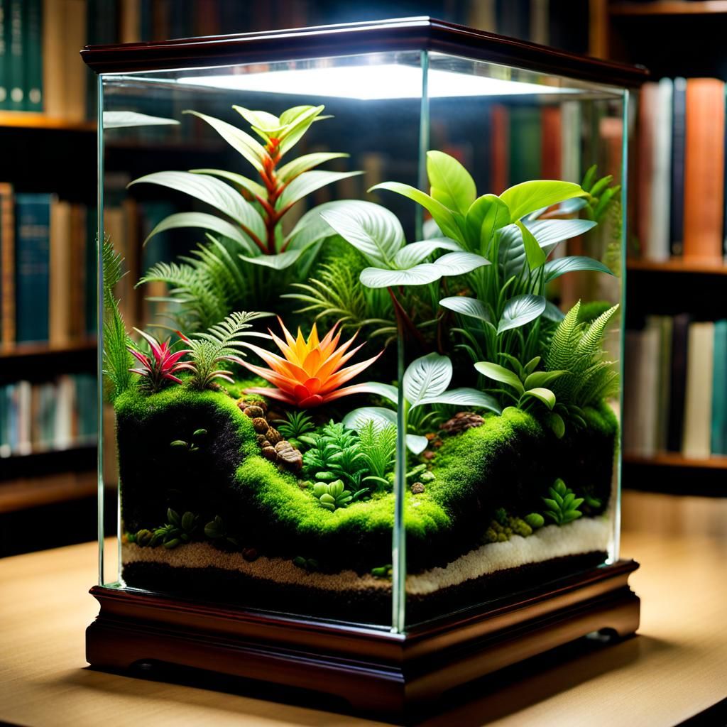 Cloud-Forest Terrarium in Glass Cube: Photorealistic Detail