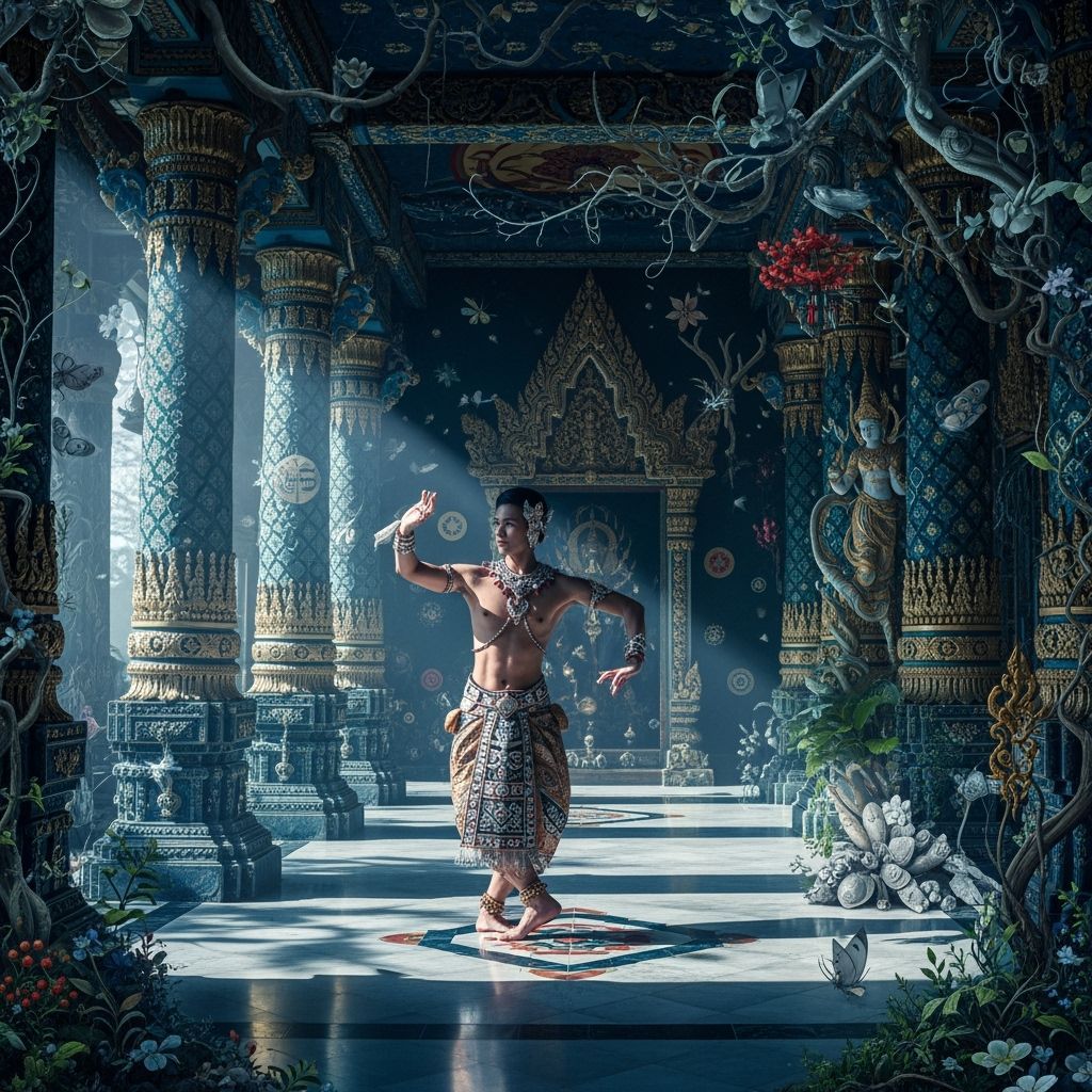 Asian Man in Ornate Temple Dance Performance