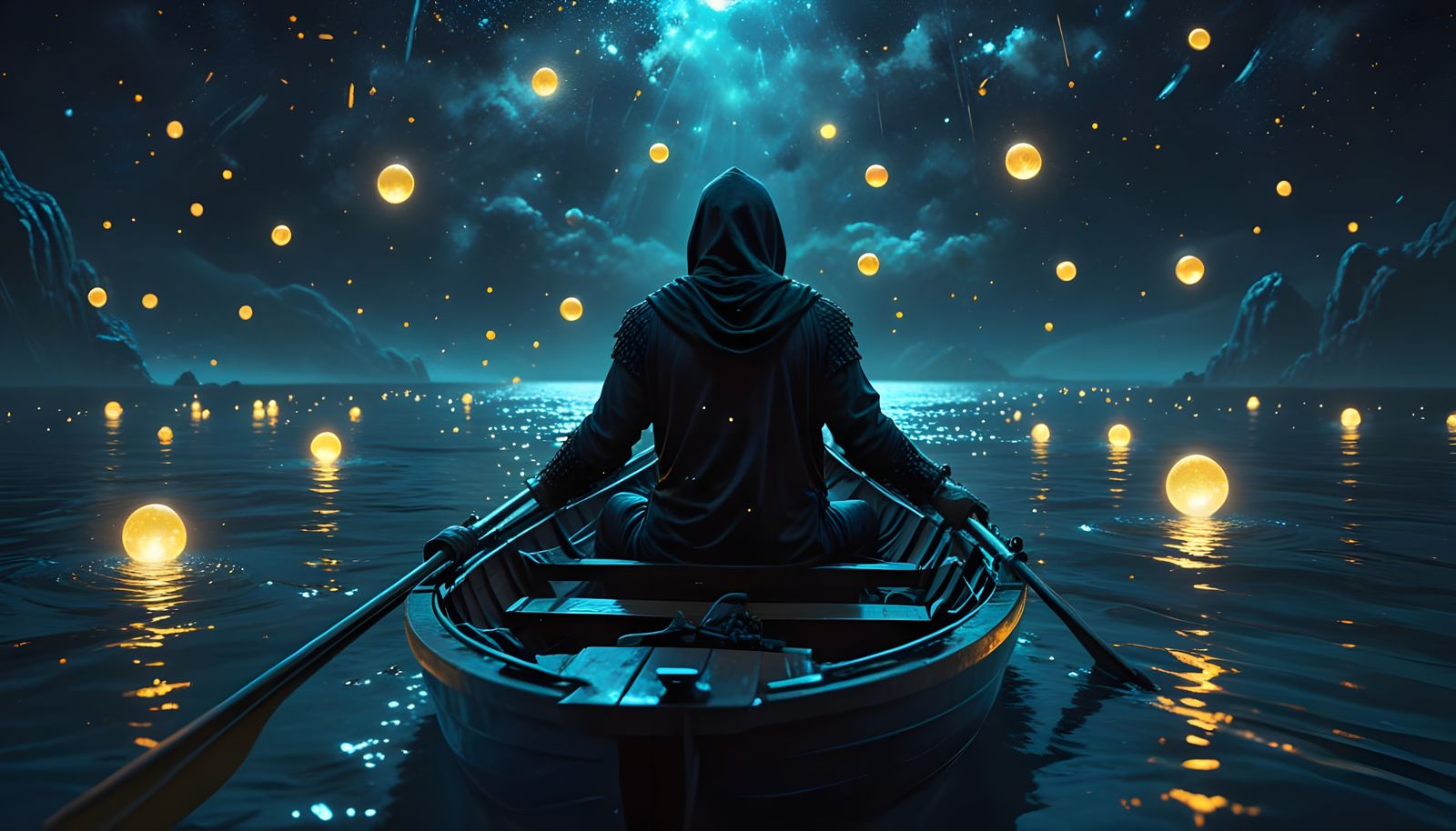 Luminous Orbs Reflecting in Night Sea