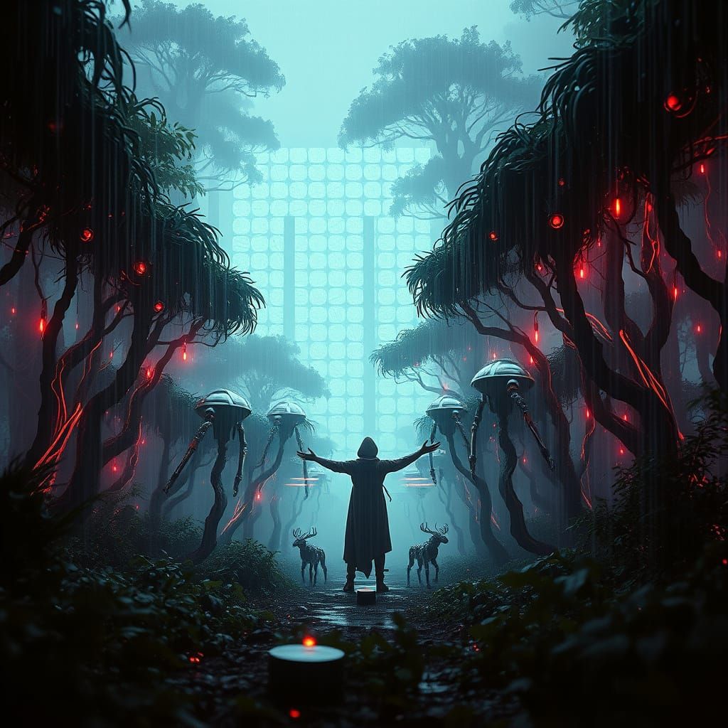 Cyberpunk Druid Summons Robotic Ents in Neon Forest
