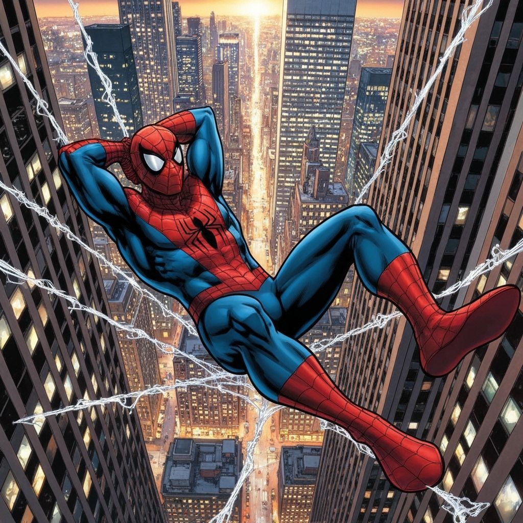 Spider-Man Relaxing on Web Between NYC Skyscrapers