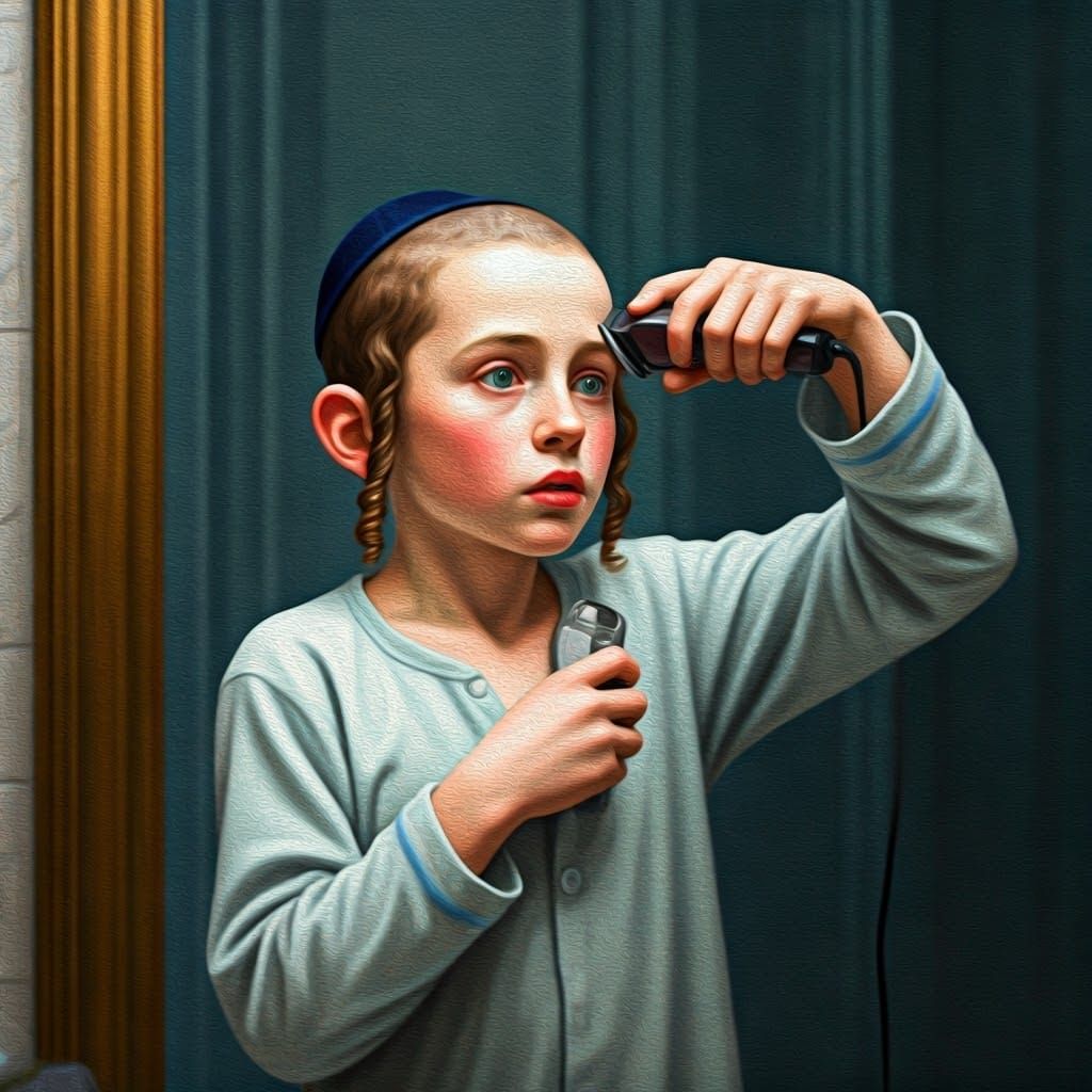 Young Hasidic Boy Cuts His Hair in a Moment of Trepidation