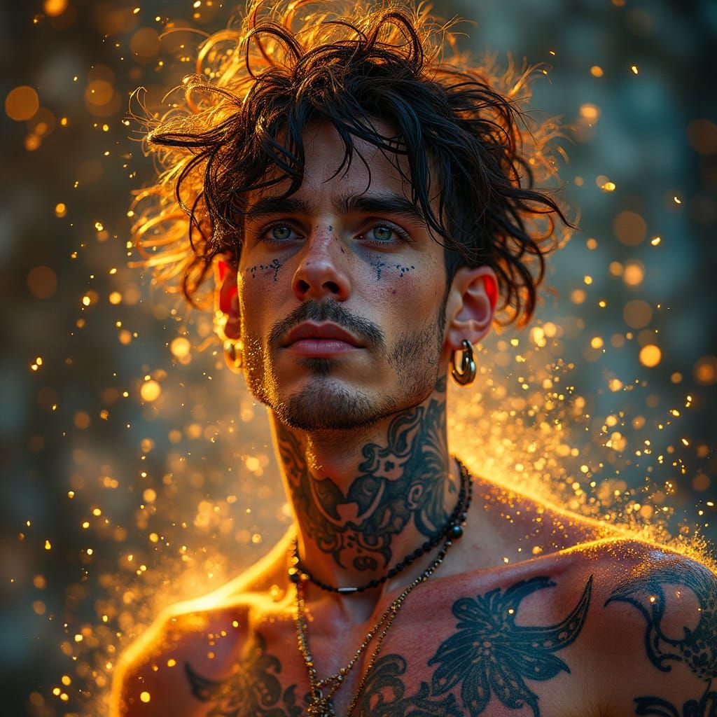 Rockstar Portrait with Neon Tattoos in Mystical Style